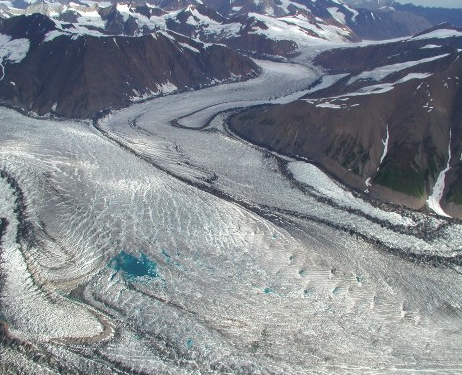 Aerial photograph of galciers in a valley