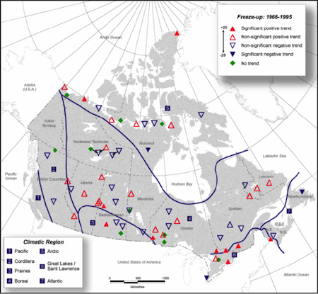 Trends in freeze-up dates observed at lakes in Canada between 1965 and 1995